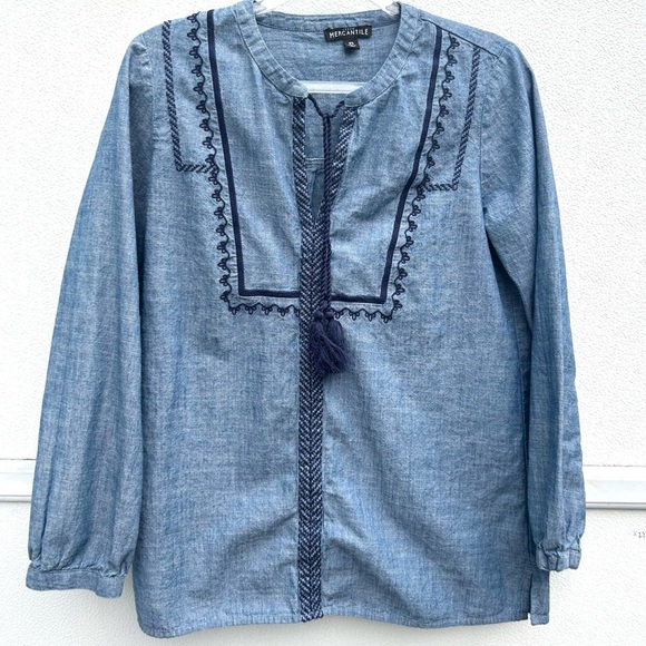 J crew Mercantile peasant top XS chambray embroidered blue denim tassel boho - Picture 3 of 10